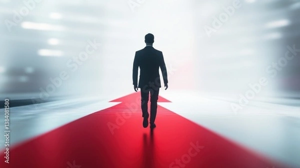Fototapeta Businessman walking on red arrow path towards bright future.
