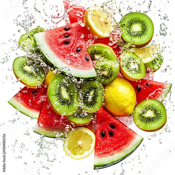 Fototapeta Watermelon Kiwi and Lemon Slices Scattering Isolated on Transparent Background