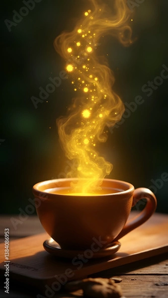 Fototapeta "Boldo tea's medicinal steam glows gold in clay cup, forming herbal sigils in vapor. Bitter aromas create luminous health halo before dispersing."
