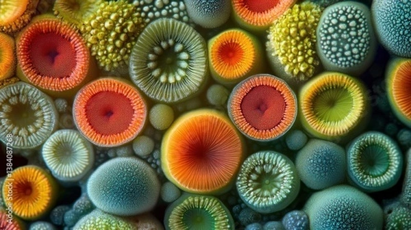 Fototapeta Microscopic view of colorful, textured, circular organic structures resembling flowers or polyps.