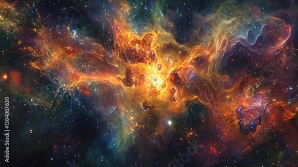 Fototapeta Fiery nebula with swirling cosmic dust and gas clouds in deep space.