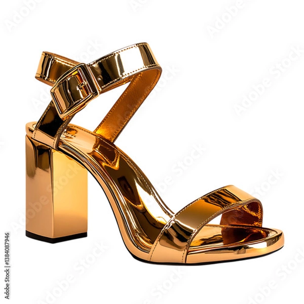 Obraz Glamorous Metallic Gold Sandals with Wide Straps Isolated on Transparent Background