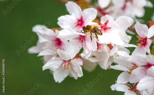 Obraz A bee on the cherry blossom pollinating the tree