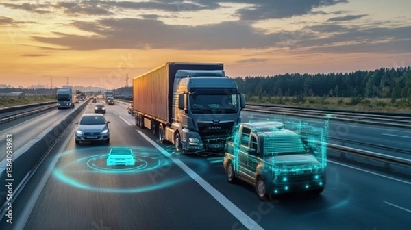 Fototapeta Autonomous vehicles driving on highway at sunset, showcasing advanced safety features and technology.
