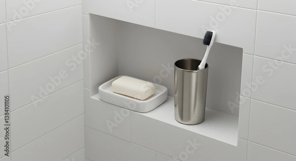 Fototapeta Modern Bathroom Niche With Soap And Toothbrush Holder In Minimalist Design