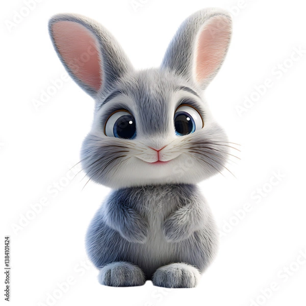 Obraz A Fluffy 3D Cartoon Rabbit with Long Droopy Ears and Blue Eyes Isolated on Transparent Background
