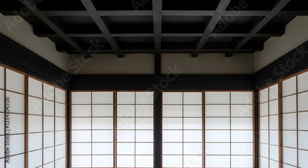 Fototapeta Japanese Architecture with Black Painted Ceiling Beams and Shoji Screen Walls