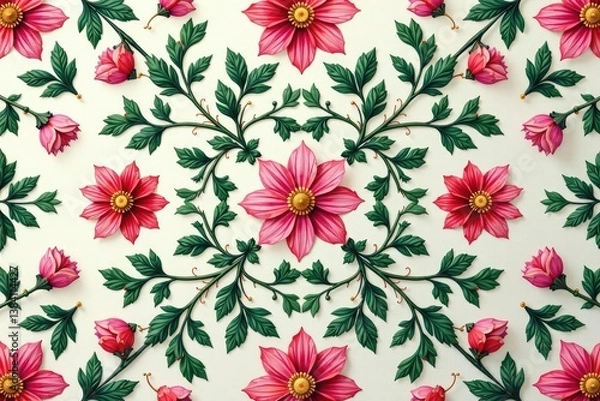 Fototapeta Intricate floral design with delicate leaves and blossoms, seamlessly repeating , vintage, elegant