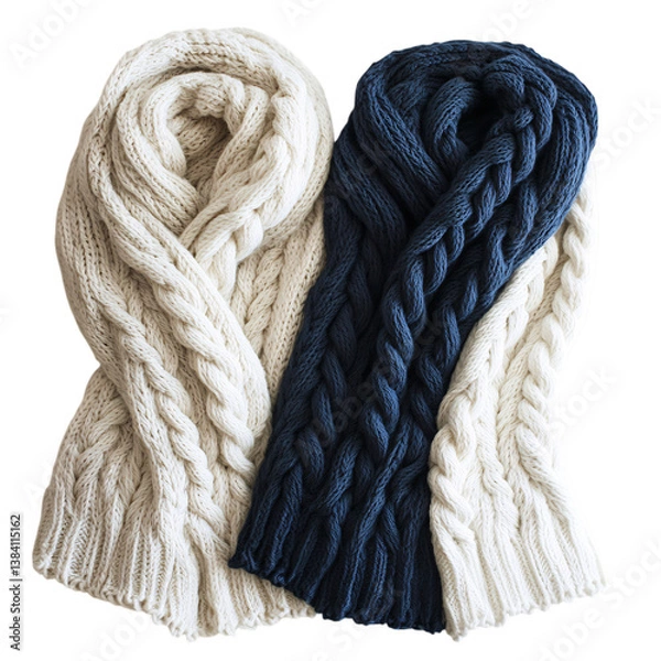 Obraz Chunky Knit Shawls with Cable Knit Textures in White and Blue Isolated on Transparent Background