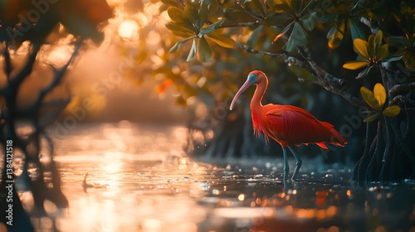 Fototapeta Scarlet ibis wading in sun-drenched shallows. A vivid splash of color against the soft golden light filtering through mangrove roots. Tranquil wildlife scene.