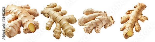Fototapeta Fresh Ginger Roots Isolated on White Background for Culinary Use, PNG bundle collection, Isolated on Transparent Background