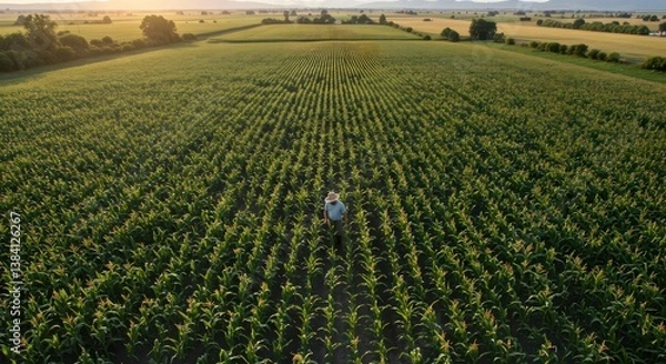 Obraz Farmer in vast cornfield sunset.