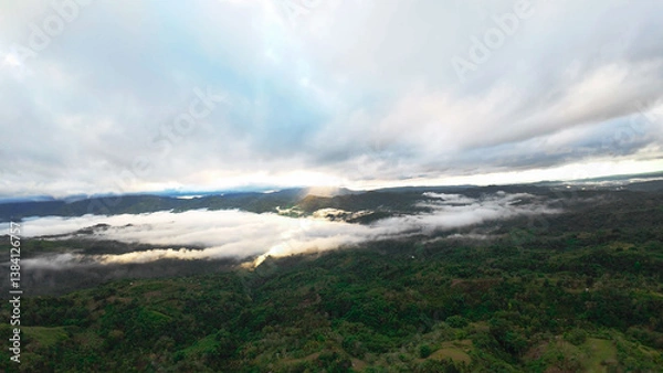 Fototapeta Breathtaking Sunrise Over Foggy Forest Green Mountains with Cloudy Sky and Mist Rising Above Trees – Serene Nature Landscape Scenery in Early Morning Light
