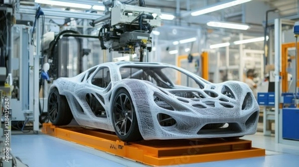 Fototapeta Futuristic car body being manufactured by an automated robotic arm in a modern factory.  