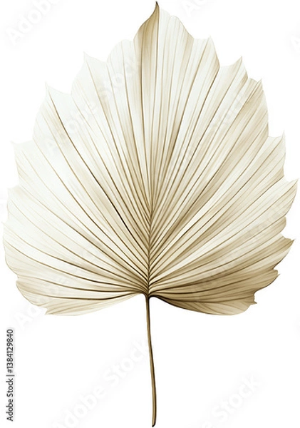 Fototapeta Elegant dried fan palm leaf with pleated texture in warm beige tones isolated on white background