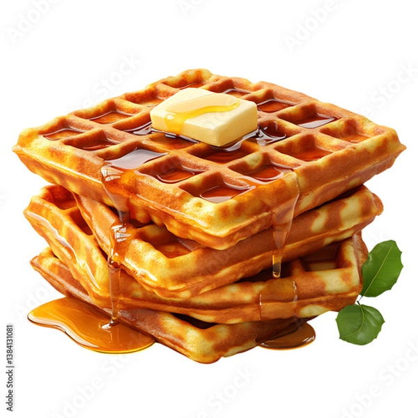 Fototapeta A Fluffy 3D Cartoon Stack of Waffles with Glowing Syrup Isolated on Transparent Background
