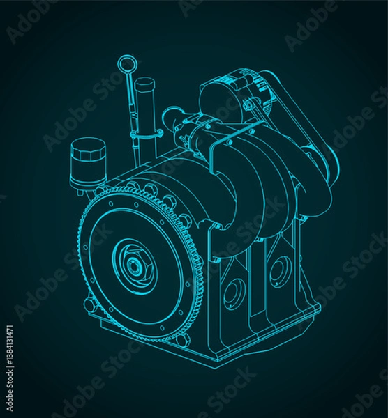 Fototapeta Wankel rotary engine isometric blueprint illustration