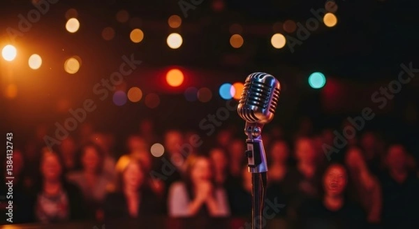 Fototapeta Retro Mic with Live Stage, and Concert Crowd.