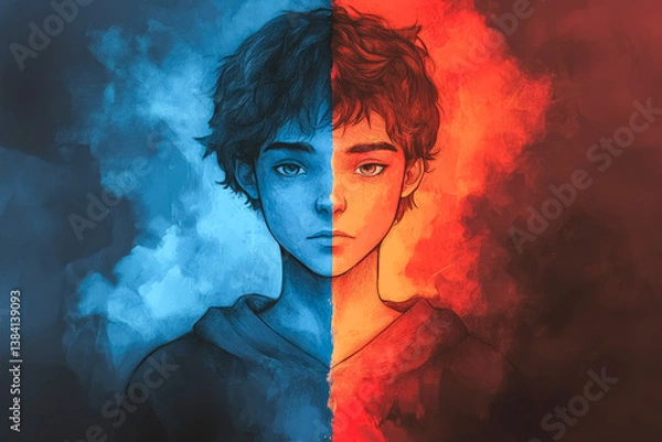 Fototapeta Dramatic illustration of a teen with a face split into red and blue, symbolizing emotional duality, inner conflict, and the tension between warmth and cold, light and darkness