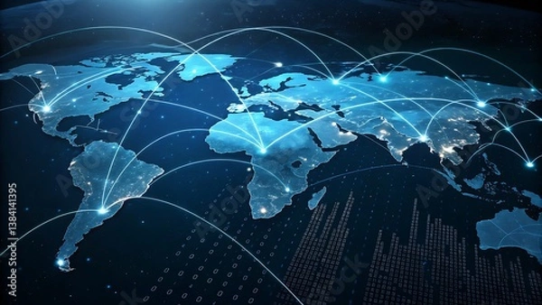 Obraz Global network connections across world map with glowing nodes and digital data overlaying the continents