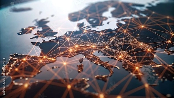 Fototapeta Illuminated network connections over europe map highlighting global communication and connectivity