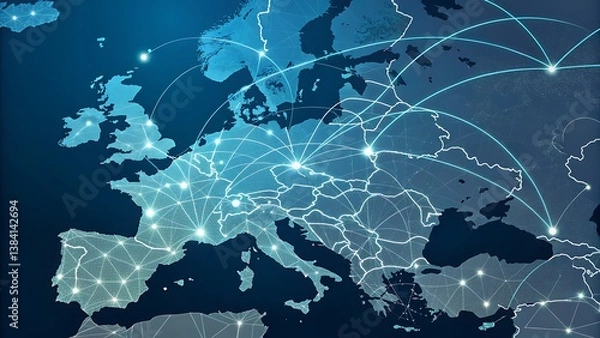 Fototapeta Europe map with glowing connections and lines showing network connectivity and communication flow