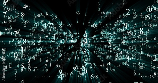 Fototapeta burst set of random numbers glowing on a black background 