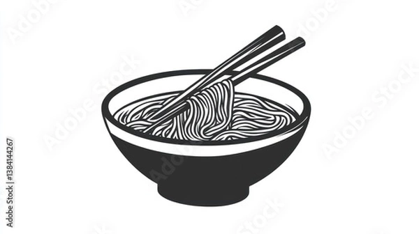 Fototapeta Black and White Illustration of a Bowl with Noodles and Chopsticks Minimalist Design for Food