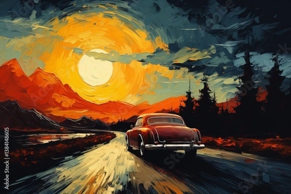 Obraz 夕日とクラシックな車の絵画,Generative AI AI画像