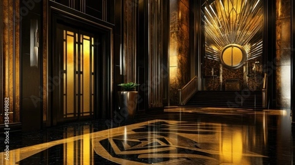 Fototapeta Commemorative banner celebrating Jazz Day at a stylish jazz club with an art deco entrance featuring black and gold decor