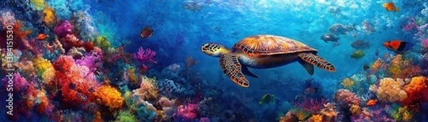 Obraz A group of friends snorkeling in a vibrant coral reef with colorful fish and sea turtles, Water Adventure, Fun and vibrant