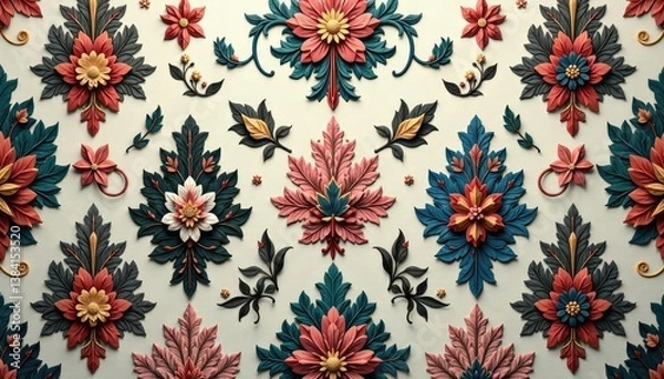 Fototapeta Intricate floral damask wallpaper in muted tones, background texture, vintage