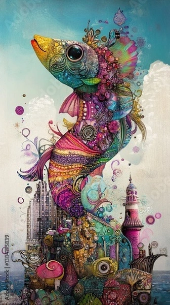 Obraz Whimsical Fish Cityscape: A Surreal, Colorful Fantasy