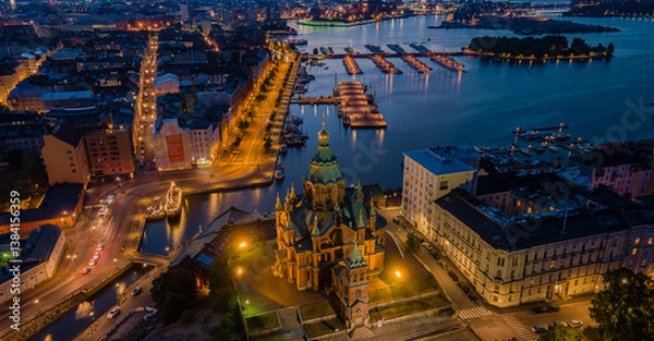 Obraz Drone photo of Uspenski Cathedral at night, Helsinki, Finland. City lights and architecture viewed from above