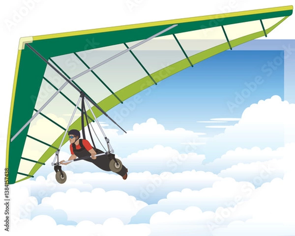 Fototapeta hang gliding, male glider soaring high above the clouds with a blue sky