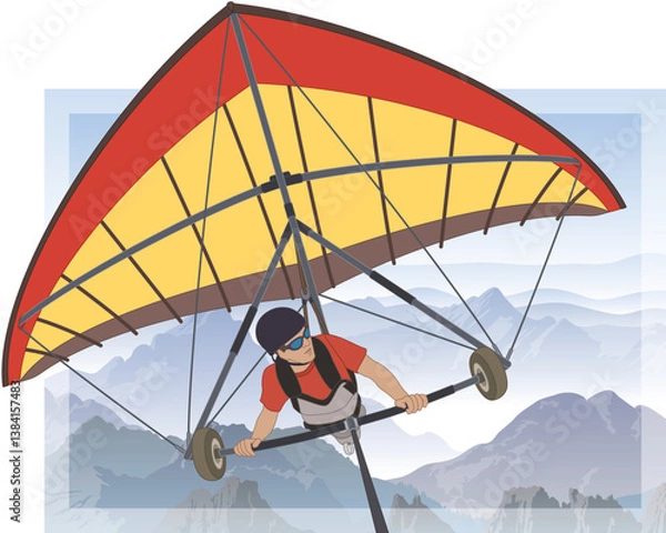 Fototapeta hang gliding, male glider soaring high above a mountain range with blue sky