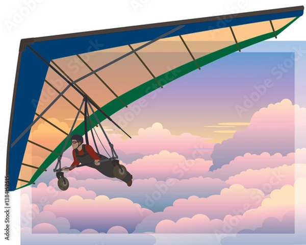 Fototapeta hang gliding, male glider soaring high above the pink clouds in a sunset sky