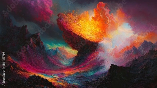 Fototapeta Abstract landscape painting with colorful clouds mountains and a surreal atmosphere.