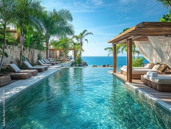 Obraz A wideangle view of a luxury beach resort with private cabanas and crystalclear water, Tropical Luxury, Relaxing and indulgent