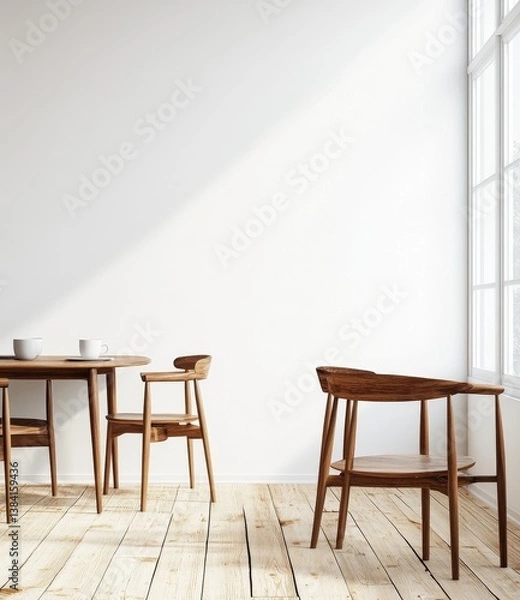 Fototapeta Simple, modern dining area with warm wood tones.  Sunlight streams through large windows, highlighting the clean lines of the furniture. A small, round table and two chairs create a cozy space