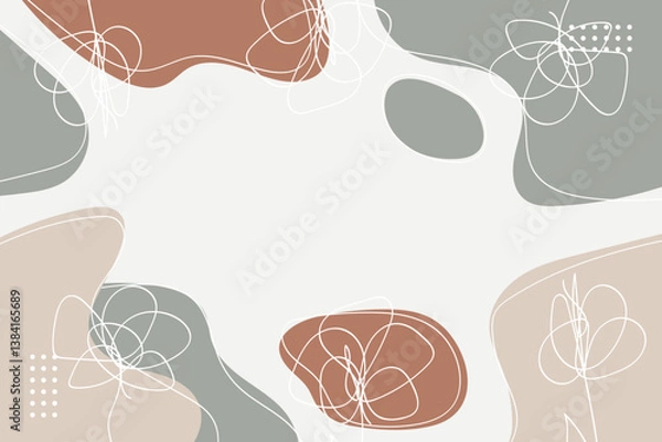 Fototapeta Abstract botanical flowers line art banner with brown and green stones. Vector illustration.