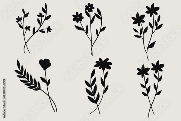 Fototapeta Silhouette botanical leaves and flowers collection. Vector illustration.