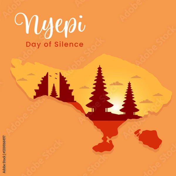 Fototapeta Nyepi Day.Balinese Day of Silence Greeting.Featuring the silhouette of Bali island with a traditional temple gate and a serene sunset