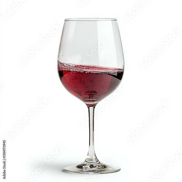Fototapeta Isolated on white background. Elegant red wine glass with bubbles inside.