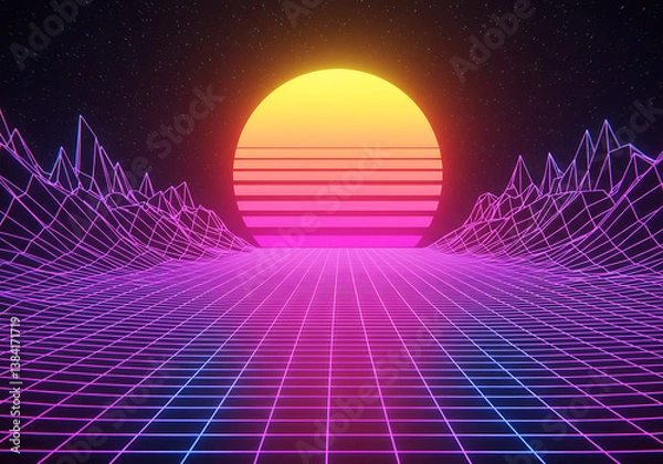 Fototapeta Retro Synthwave Sunset with Grid Landscape 80s Cyberpunk Background