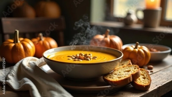Fototapeta Warm autumnal pumpkin soup with toasted bread and seeds in a rustic setting