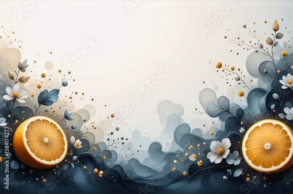 Fototapeta Elegant design with orange halves, white flowers, and blue leaf-like shapes on a light background. Decorative botanical style with soft, watercolor textures and a calming aesthetic.
