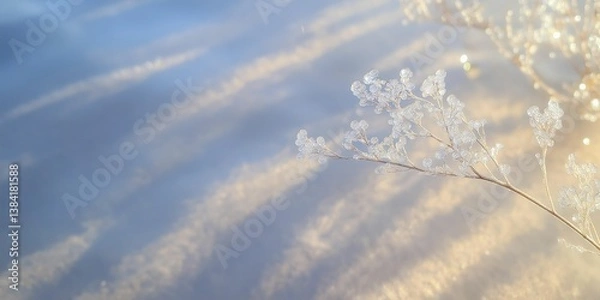 Obraz Image of a delicate frost-covered plant against a soft, blurred winter background with golden light.