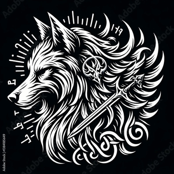 Fototapeta Stylized tribal wolf head with ornate sword and symbolic elements in black and white