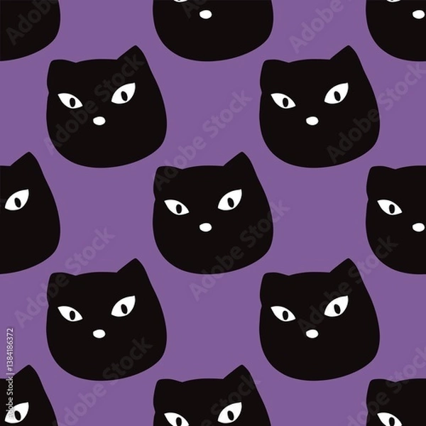 Fototapeta Seamless pattern of face of black cat on purple background for card, wallpaper, cloth, textile, decorated skin, wrapping paper.